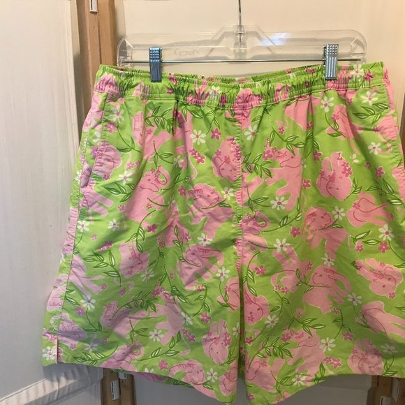 Mens LILLY PULITZER Sz XL Green w/ Pink Elephants Swim Trunks